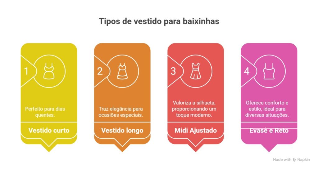 Infográfico destaca quatro estilos de vestido para baixinhas: curto, longo, midi ajustado e evasê/reto, combinando conforto, elegância e valorização da silhueta.