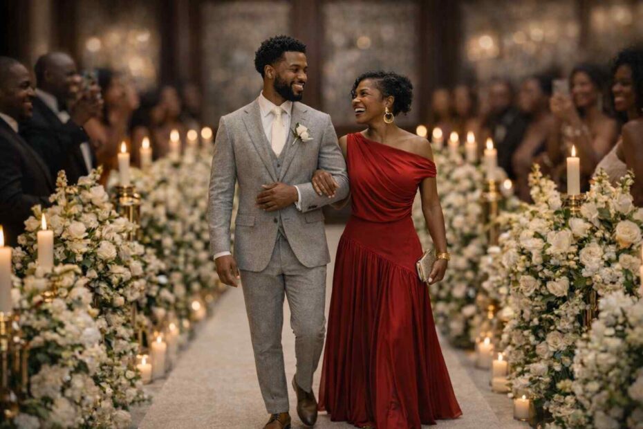 Mãe do noivo usando vermelho na cerimônia, inspiração de cor de vestido para mãe do noivo.