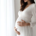 mulher grávida usando vestido para chá revelação na cor branca