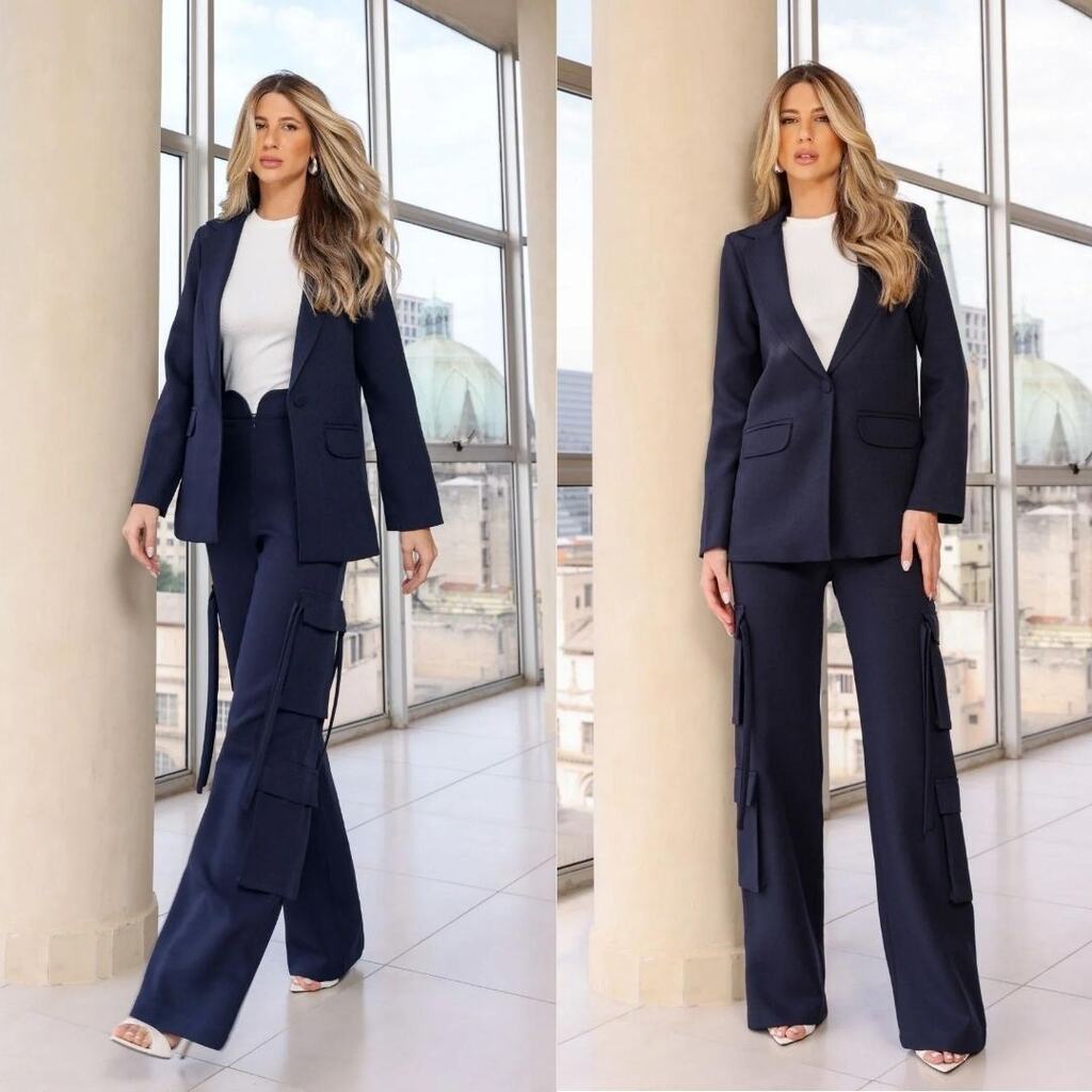 mulher usando blazer azul escuro, uma das looks para eventos corporativos
