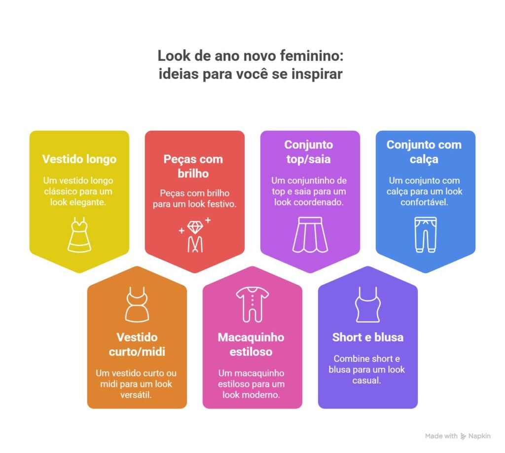 Infográfico com sete sugestões de look de ano novo feminino: vestido longo, peças com brilho, conjunto top/saia, conjunto com calça, vestido curto/midi, macaquinho estiloso e short com blusa.