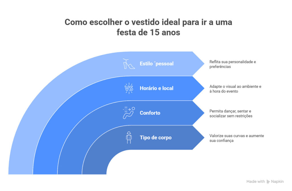 Imagem educativa com dicas práticas para escolher vestidos de convidadas 15 anos, destacando estilo pessoal, conforto, tipo de corpo e adequação ao evento.