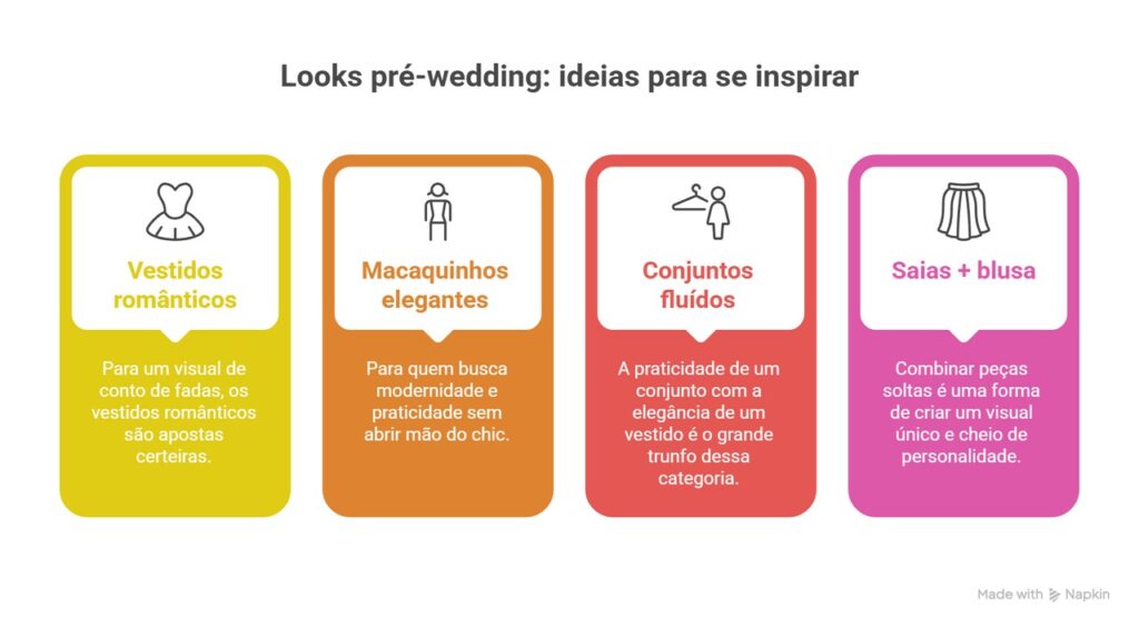 Imagem ilustrativa com quatro categorias de moda feminina para looks-pré-wedding: vestidos românticos, macaquinhos elegantes, conjuntos fluídos e saias com blusas, oferecendo inspirações práticas e sofisticadas.