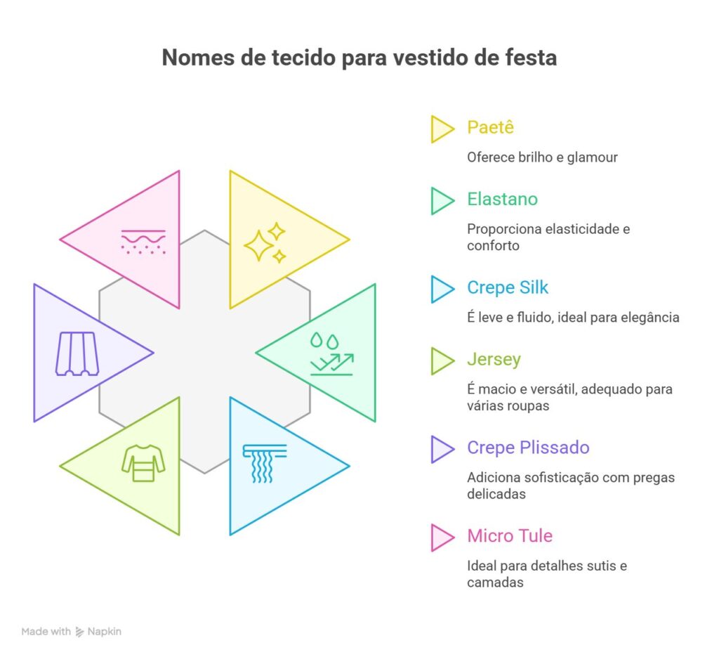 Infográfico colorido apresenta sete nomes de tecido para vestido de festa, como paetê, crepe silk e micro tule, com descrições sobre brilho, conforto e elegância.
