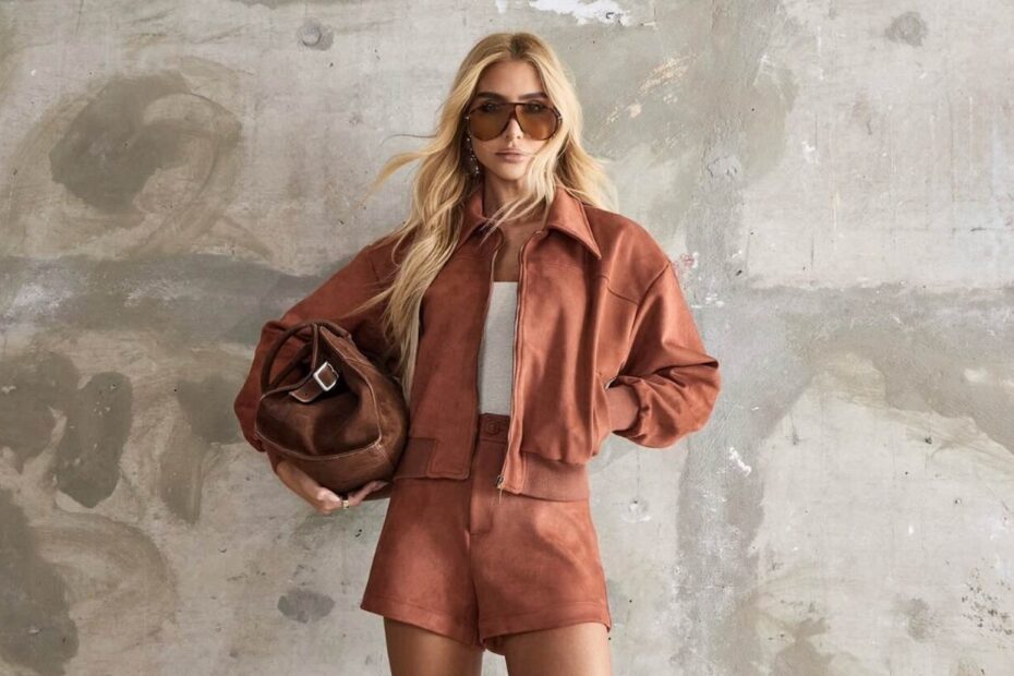 Pessoa posa com conjunto moderno em tons terrosos, destacando estilo sofisticado que representa código de vestimenta casual chic elegante urbano.