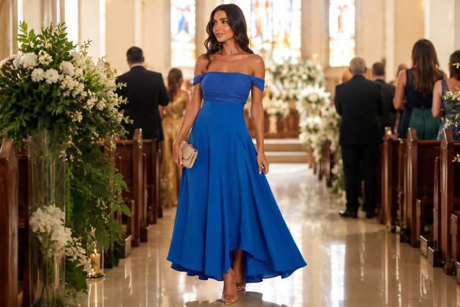 Mulher elegante usa vestido para casamento convidada azul royal ombro a ombro, clutch bege, andando pelo corredor decorado com flores.