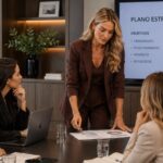 Looks para o trabalho com conjunto de alfaiataria marrom usado por profissional em reunião de negócios.